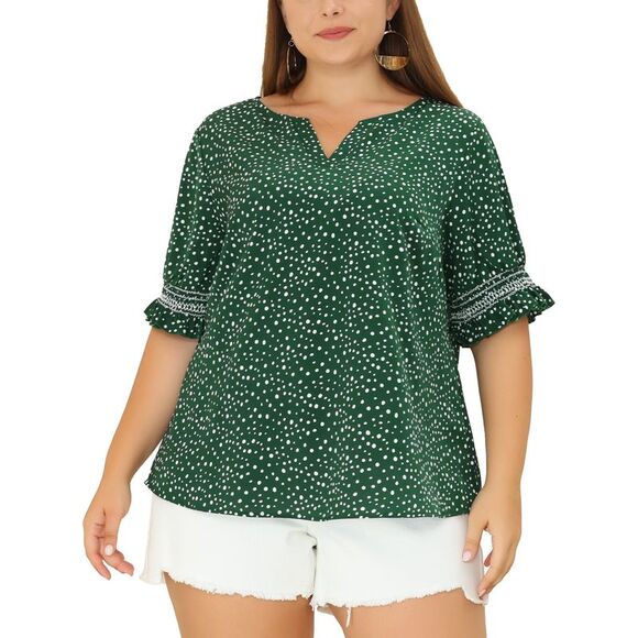 Plus Size Top for Women Pin Dots Boho Smocked Short Sleeves Blouses Green - Picture 1 of 6